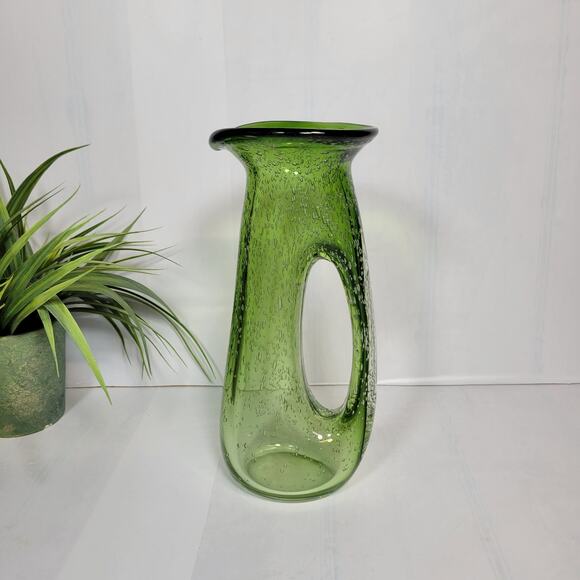 Vintage MCM Green Bubble seeded Art Glass Pitcher Vase Donut Hole Handle - Picture 1 of 5